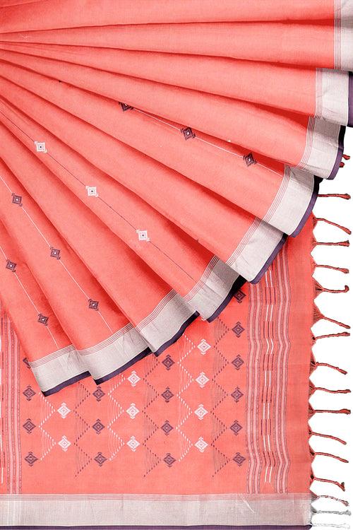 Coral Pink Saree with Silver Zari, Navy Blue Border and Butis