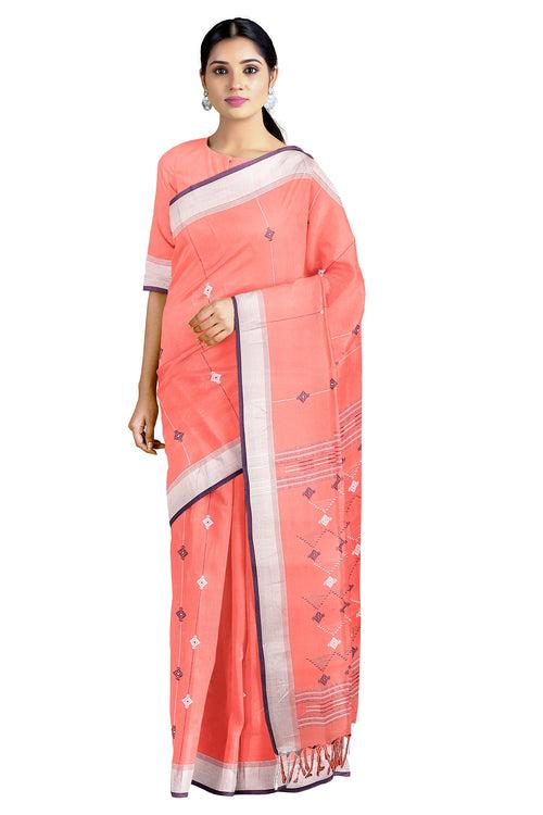 Coral Pink Saree with Silver Zari, Navy Blue Border and Butis