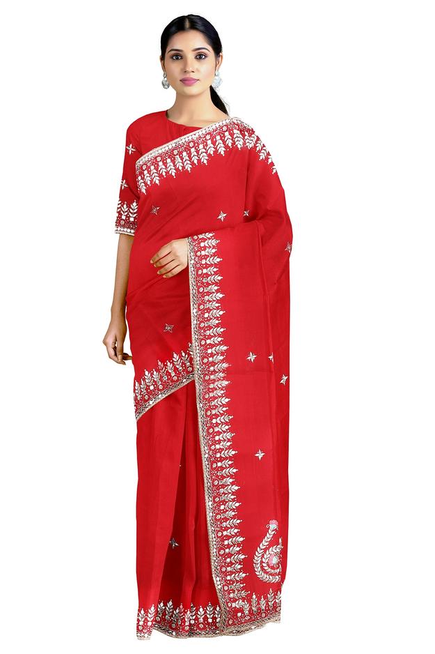 Red Hand Embroidered Saree