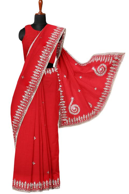 Red Hand Embroidered Saree