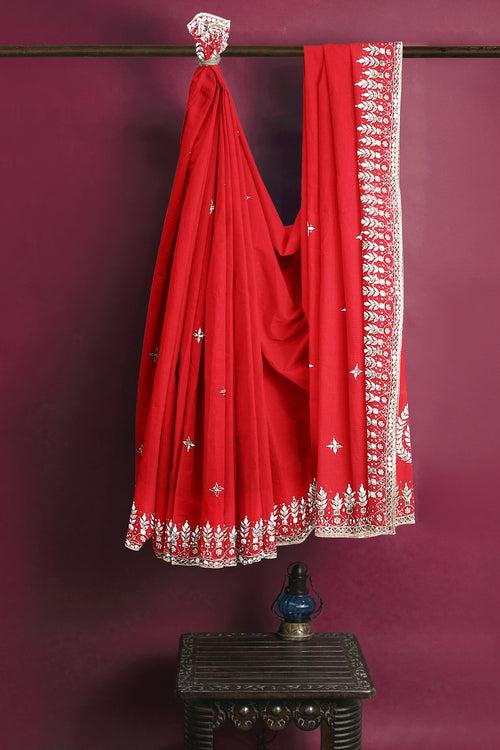 Red Hand Embroidered Saree