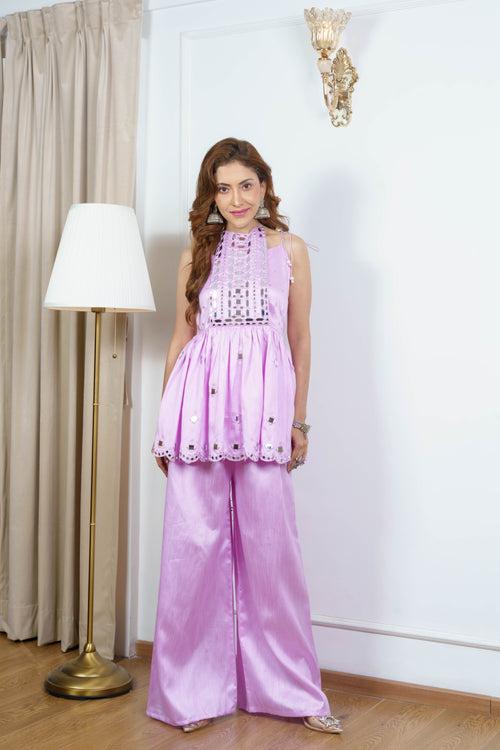 Lilac Block Mirror Work Kurta with Palazzo