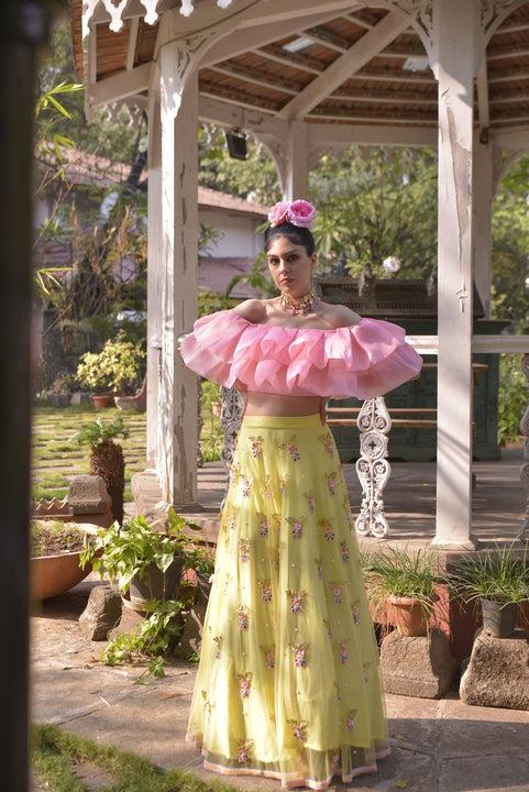 Yellow handwork lehenga with pastel pink ruffle blouse