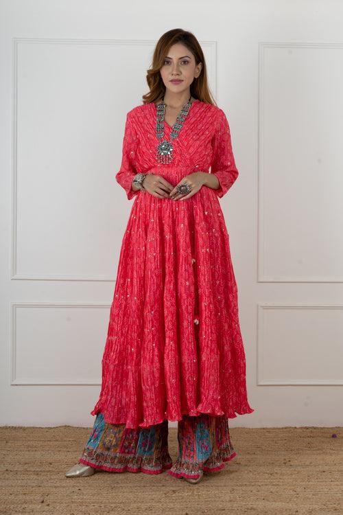 Pink Bandhani Angarakha Kurta set