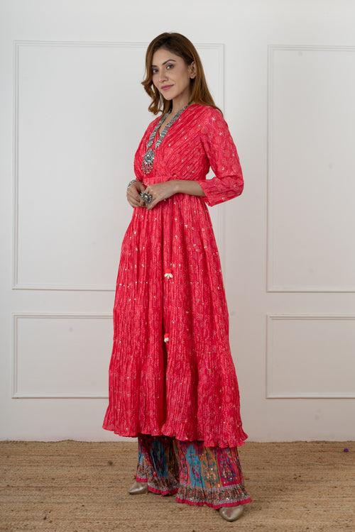 Pink Bandhani Angarakha Kurta set