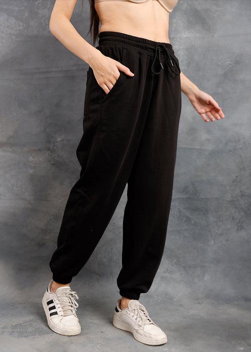 Women Premium Terry Loose Fit Joggers - Black