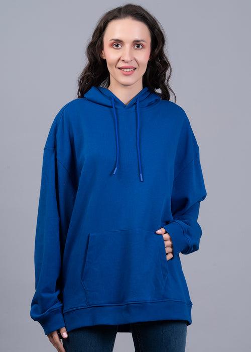 Solid Royal Blue Women Drop Shoulder Terry Hoodie