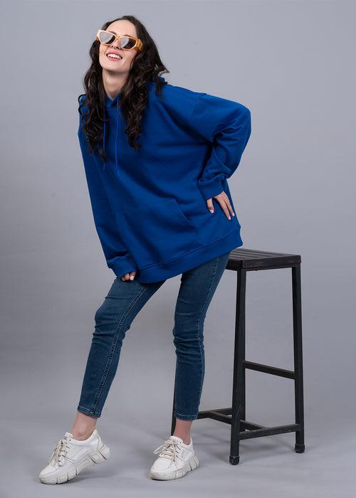 Solid Royal Blue Women Drop Shoulder Terry Hoodie