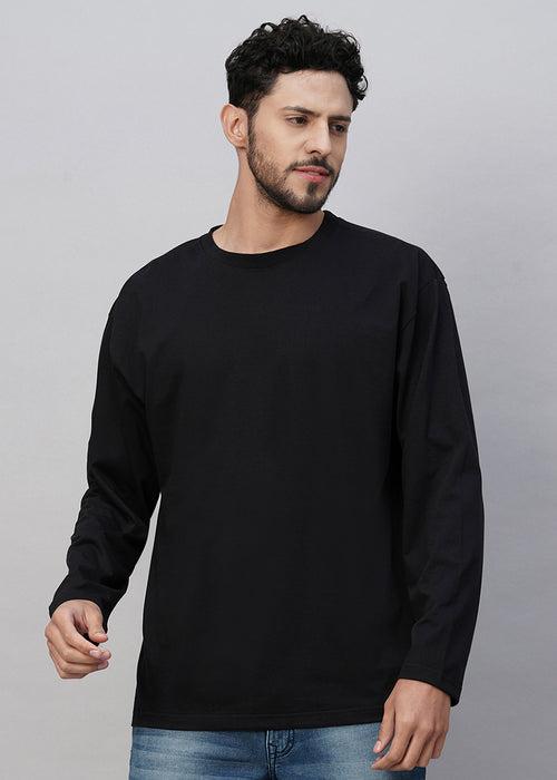 Solid Men Oversized Full Sleeve T-Shirt - Black