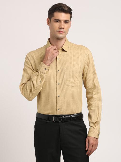 Cotton Tencel Khaki Printed Slim Fit Full Sleeve Formal Shirt