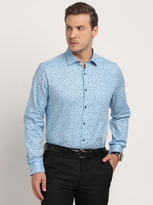 100% Cotton Sky Blue Printed Slim Fit Full Sleeve Formal Shirt