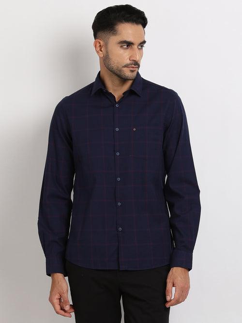 100% Cotton Navy Blue Checkered Slim Fit Full Sleeve Casual Shirt