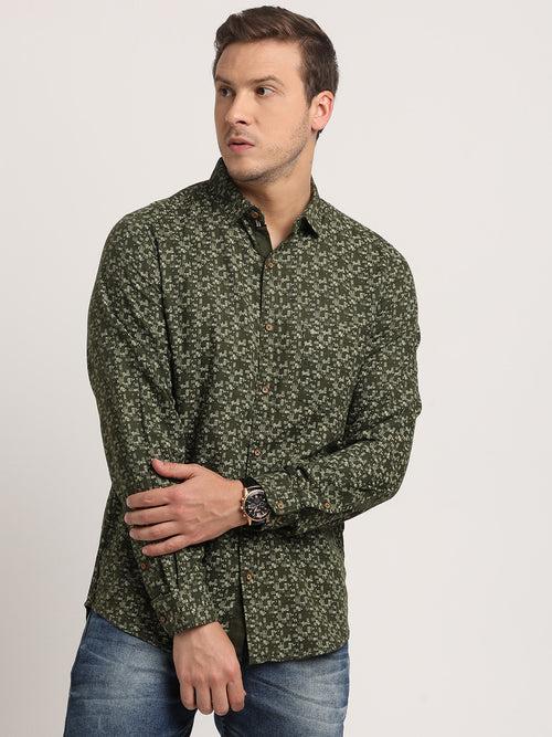 100% Cotton Olive Printed Slim Fit Full Sleeve Casual Shirt