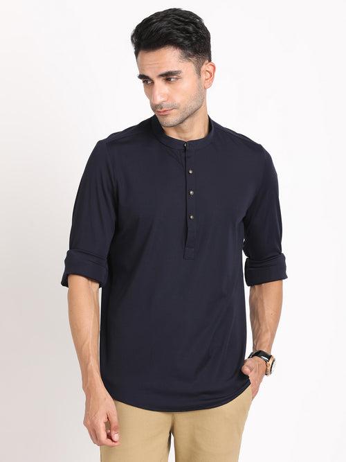 Cotton Navy Plain Kurta Full Sleeve Ceremonial Shirt