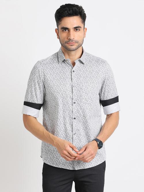 Cotton Tencel Grey Printed Slim Fit Full Sleeve Ceremonial Shirt