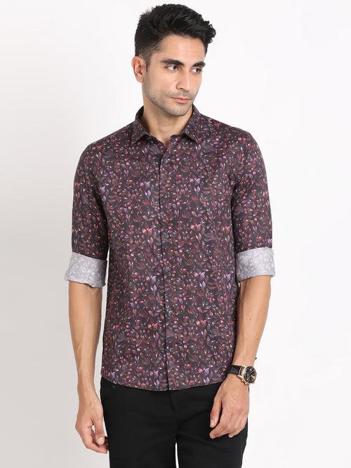 Cotton Tencel Purple Printed Slim Fit Full Sleeve Ceremonial Shirt