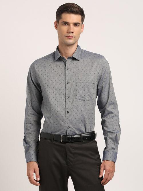 100% Cotton Grey Printed Slim Fit Full Sleeve Formal Shirt