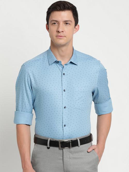 100% Cotton Sky Blue Printed Slim Fit Full Sleeve Formal Shirt