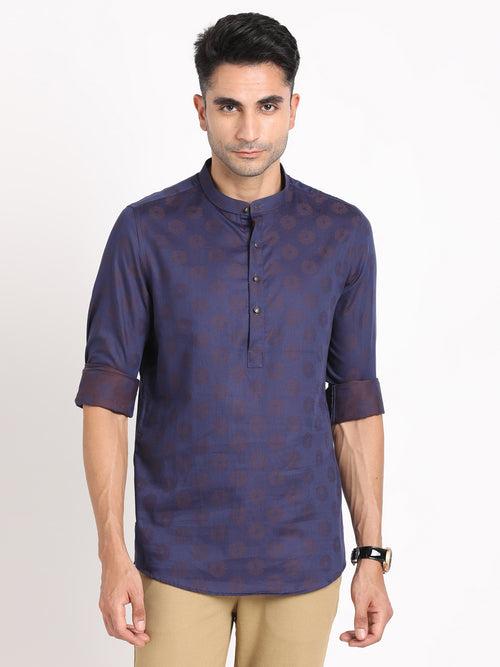 100% Cotton Navy Jacquard Kurta Full Sleeve Ceremonial Shirt