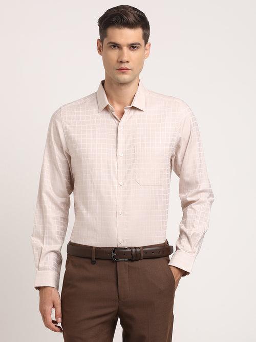 Giza Cotton Cream Checkered Slim Fit Full Sleeve Formal Shirt