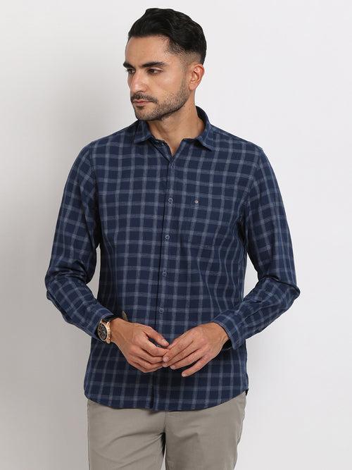 100% Cotton Navy Blue Checkered Slim Fit Full Sleeve Casual Shirt