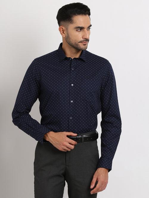 100% Cotton Navy Blue Printed Slim Fit Full Sleeve Formal Shirt