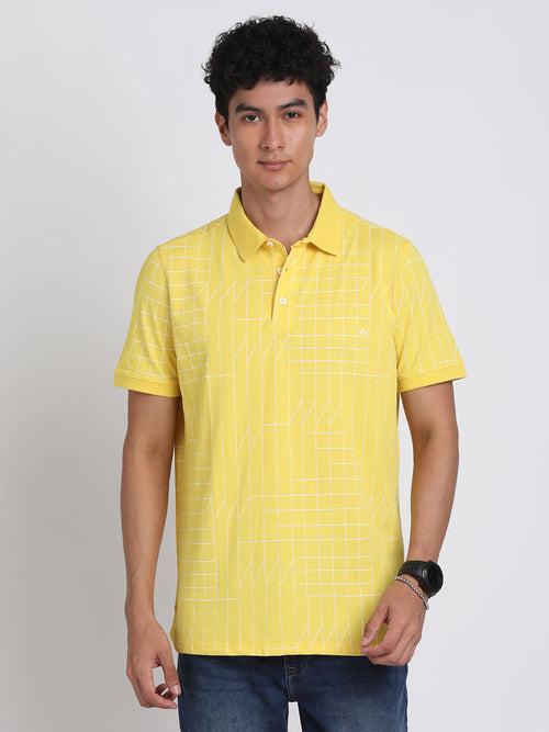 100% Cotton Yellow Printed Polo Neck Half Sleeve Casual T-Shirt