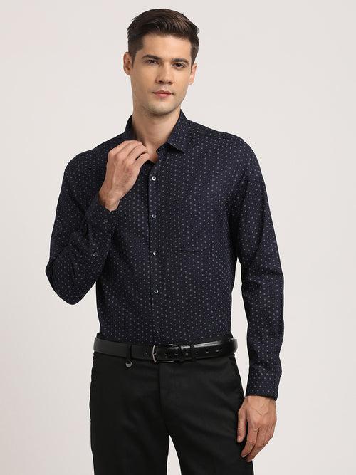 100% Cotton Navy Blue Printed Slim Fit Full Sleeve Formal Shirt