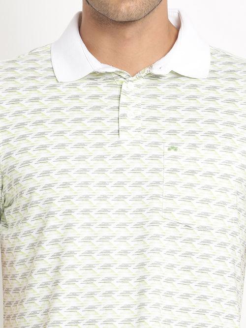 Cotton Stretch Green Printed Polo Neck Half Sleeve Casual T-Shirt