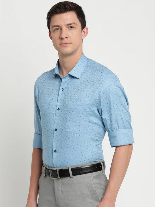 100% Cotton Sky Blue Printed Slim Fit Full Sleeve Formal Shirt