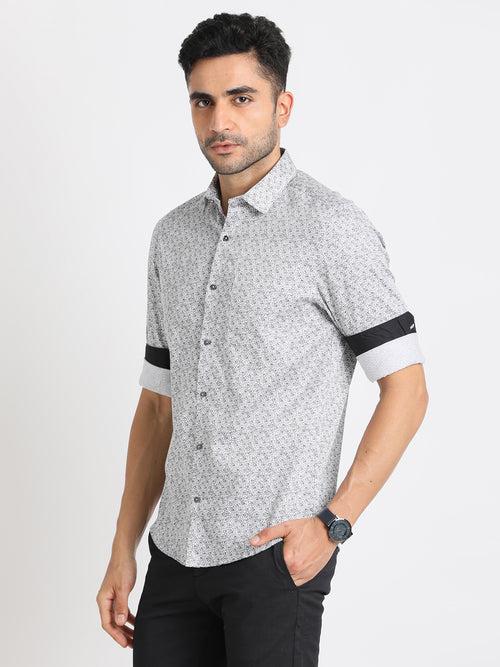 Cotton Tencel Grey Printed Slim Fit Full Sleeve Ceremonial Shirt