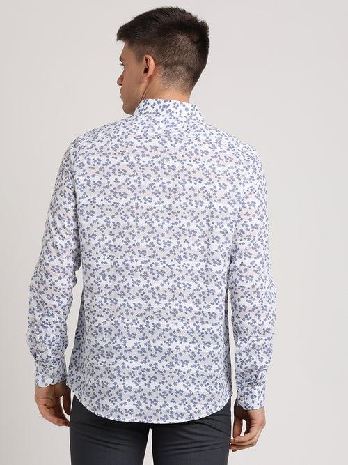 100% Cotton White Printed Slim Fit Full Sleeve Ceremonial Shirt