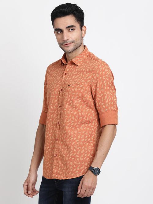 Cotton Linen Orange Printed Slim Fit Full Sleeve Casual Shirt