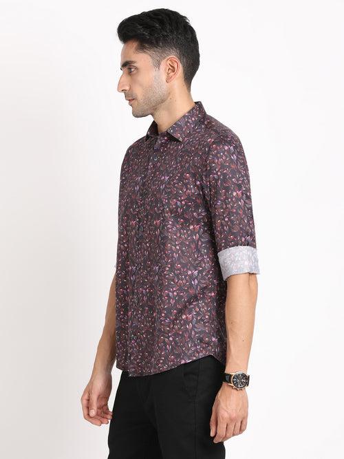 Cotton Tencel Purple Printed Slim Fit Full Sleeve Ceremonial Shirt