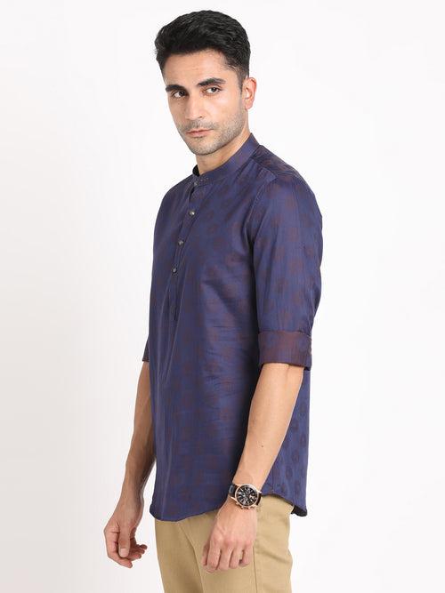 100% Cotton Navy Jacquard Kurta Full Sleeve Ceremonial Shirt