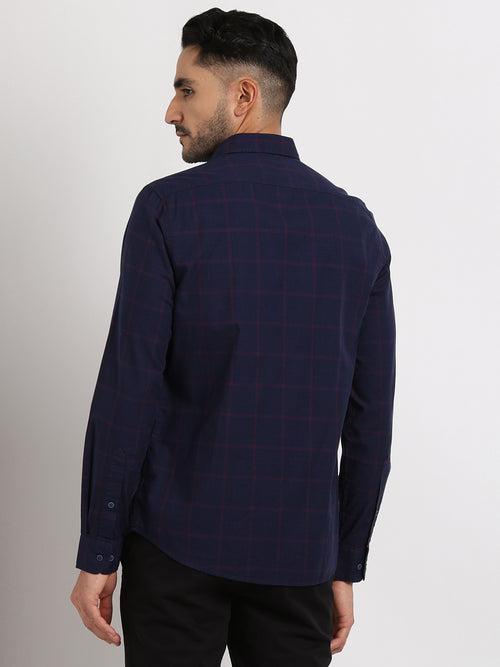 100% Cotton Navy Blue Checkered Slim Fit Full Sleeve Casual Shirt