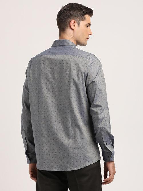 100% Cotton Grey Printed Slim Fit Full Sleeve Formal Shirt