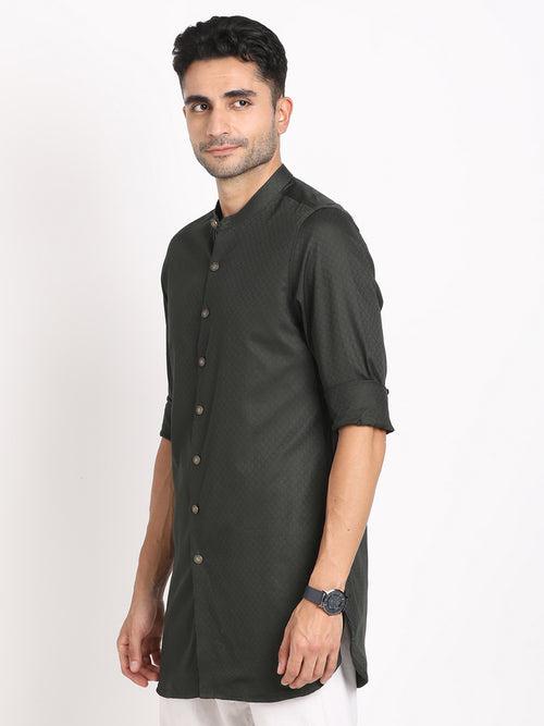 100% Cotton Dark Green Jacquard Kurta Full Sleeve Ceremonial Shirt