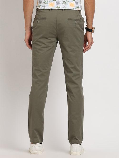 Cotton Stretch Olive Plain Ultra Slim Fit Flat Front Casual Trouser