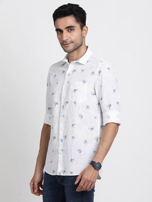 Cotton Linen White Printed Slim Fit Full Sleeve Casual Shirt