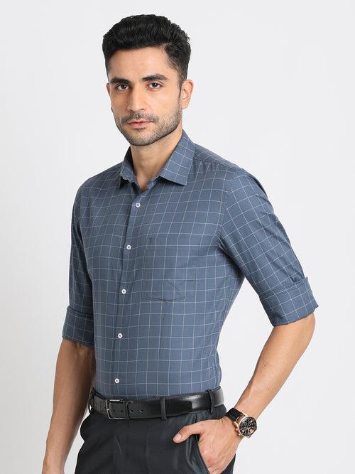 100% Cotton Navy Checkered Slim Fit Full Sleeve Formal Shirt