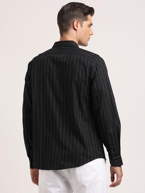 100% Cotton Black Striped Slim Fit Full Sleeve Formal Shirt