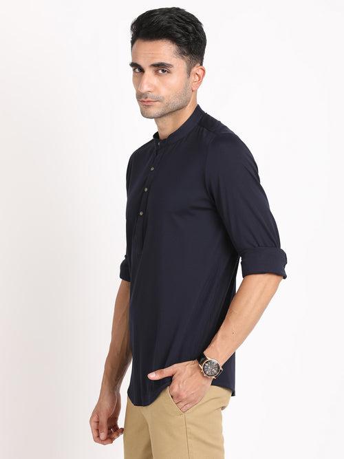 Cotton Navy Plain Kurta Full Sleeve Ceremonial Shirt