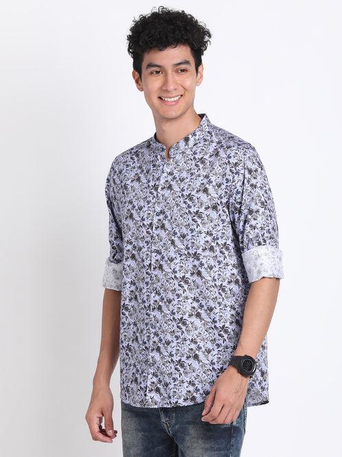 Cotton Tencel Navy Printed Slim Fit Full Sleeve Ceremonial Shirt