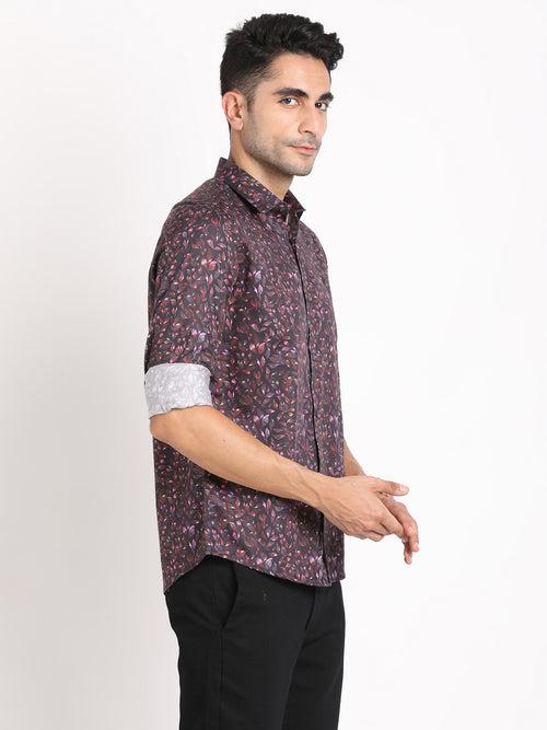 Cotton Tencel Purple Printed Slim Fit Full Sleeve Ceremonial Shirt