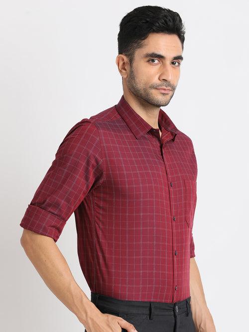 100% Cotton Maroon Checkered Slim Fit Full Sleeve Formal Shirt