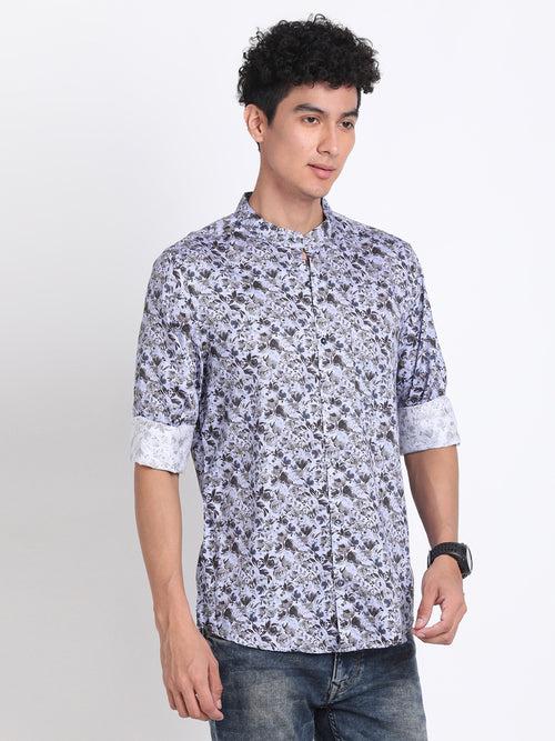 Cotton Tencel Navy Printed Slim Fit Full Sleeve Ceremonial Shirt