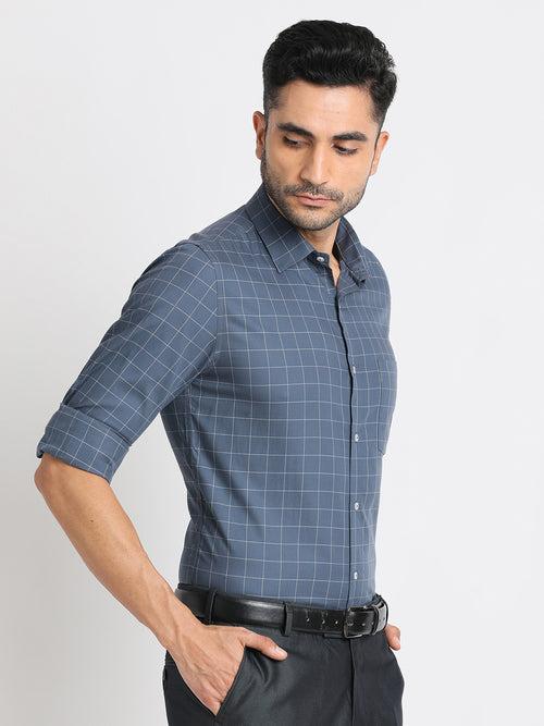 100% Cotton Navy Checkered Slim Fit Full Sleeve Formal Shirt