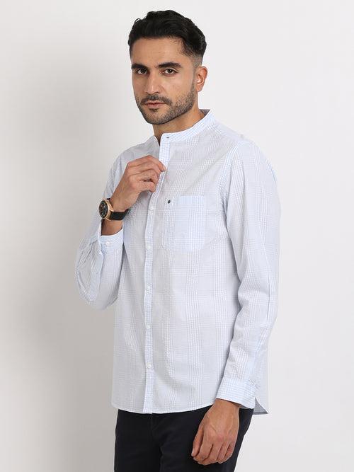 100% Cotton Sky Blue Dobby Slim Fit Mandarin Collar Casual Shirt