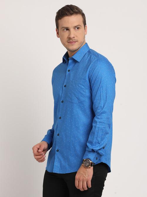 100% Cotton Blue Printed Slim Fit Full Sleeve Formal Shirt